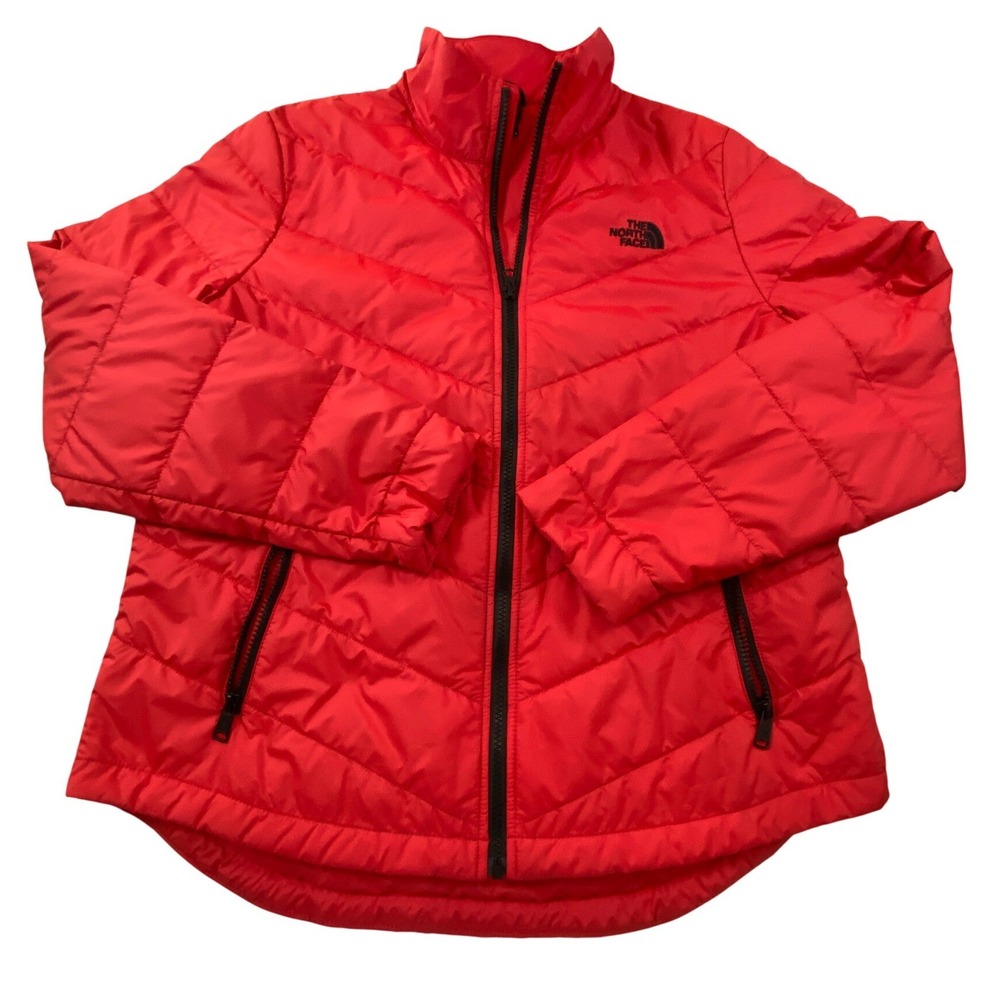 The North Face Red Puffer Jacket Womens Large Chevron Quilted Zip - Picture 2 of 13